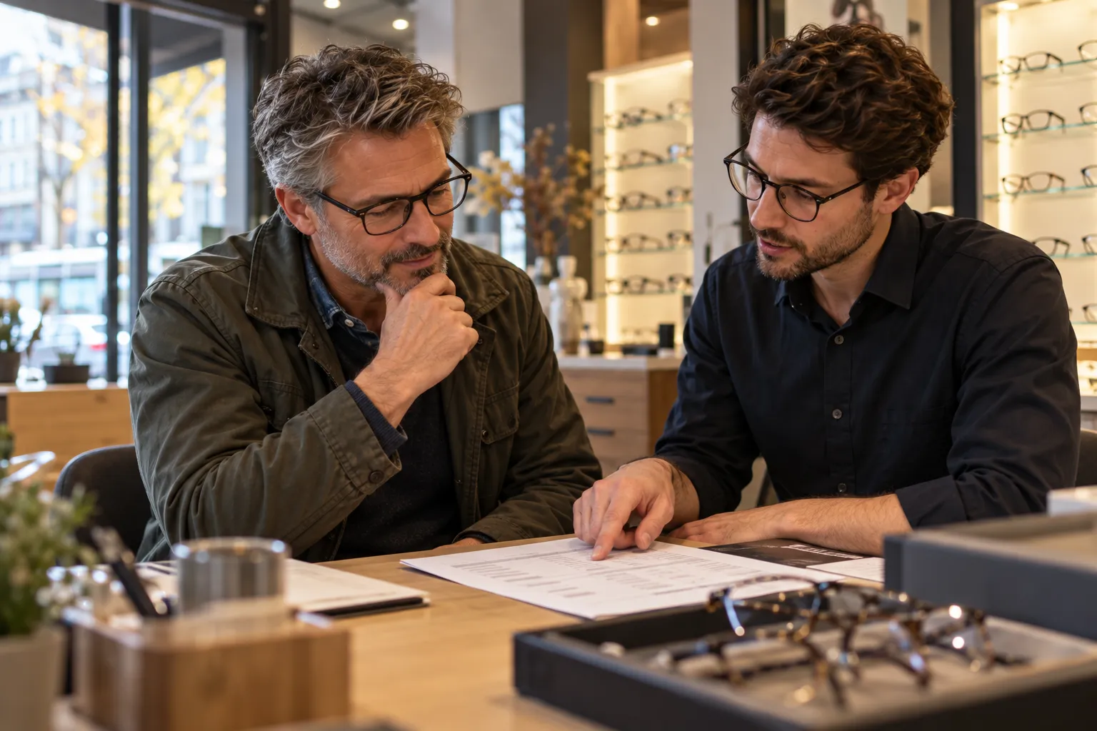 Optiker bespricht mit einem Kunden um 50 ein Angebot für eine Gleitsichtbrille